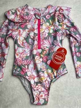 Wonder Nation Swimsuit Toddler Sz 12M Floral Beach Green Pink UPF 50 Rash Guard